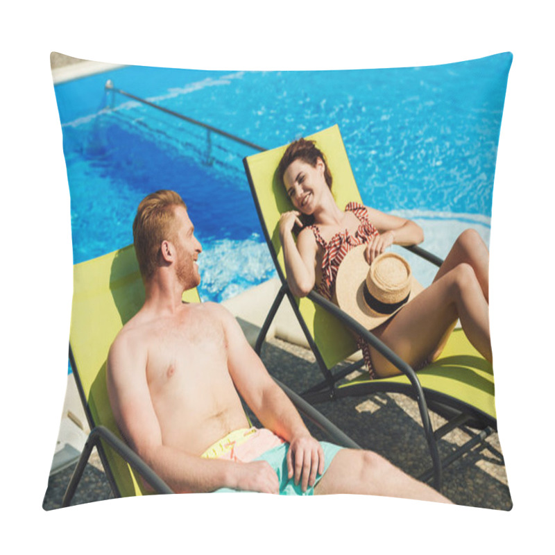 Personality  Happy Young Couple Flirting While Relaxing On Sun Loungers In Front Of Swimming Pool Pillow Covers