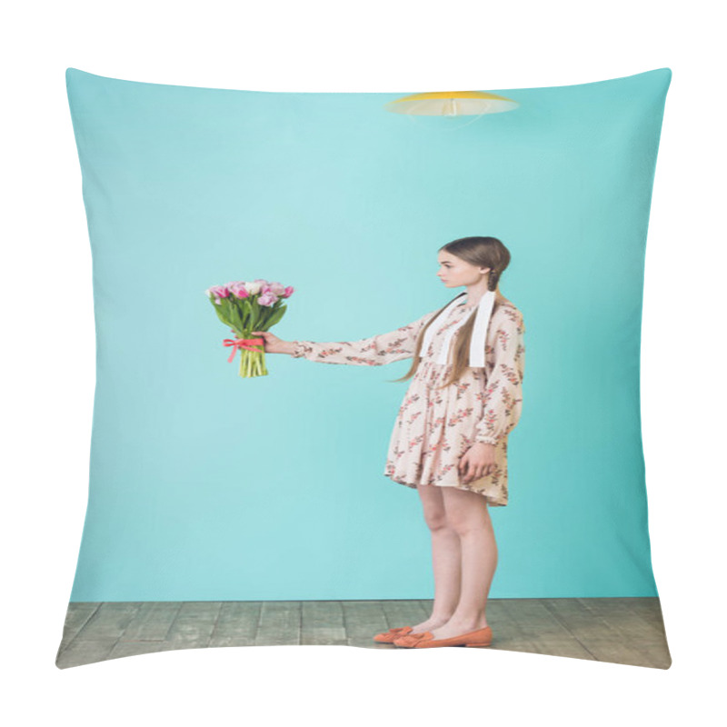 Personality  Stylish Girl With Braids In Trendy Summer Dress Holding Floral Bouquet, On Turquoise Pillow Covers