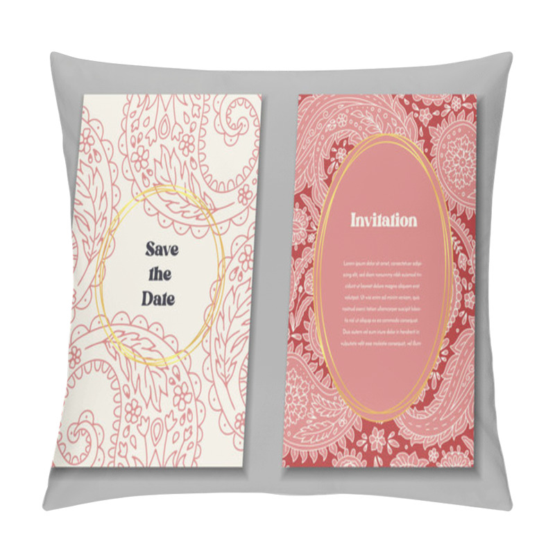 Personality  Two Greeting Cards Templates Set With Paisley Motifs. Wedding Invitation With Oriental Decoration. Modern Abstract Stationary Design. Pillow Covers