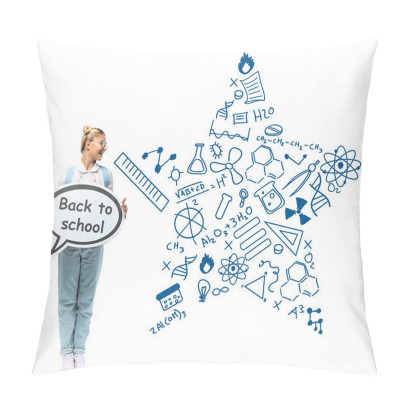 Personality  Schoolgirl Holding Speech Bubble With Back To School Lettering Near Illustration On White  Pillow Covers