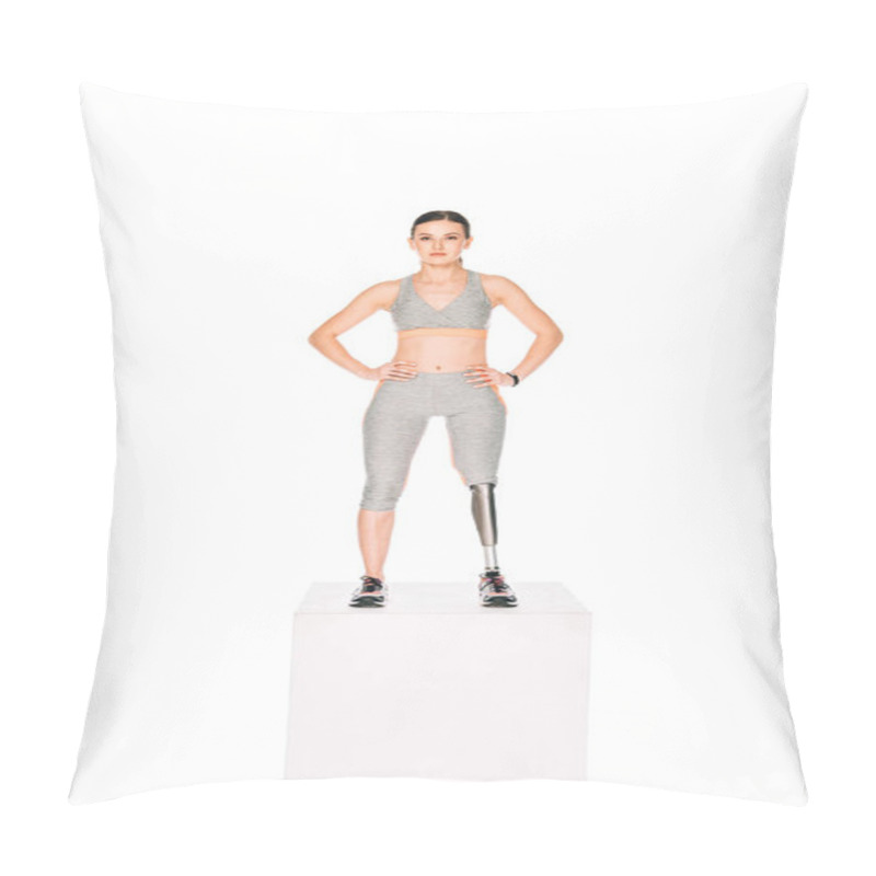 Personality  Full Length View Of Disabled Sportswoman With Prosthetic Leg Standing With Hands On Hips Isolated On White Pillow Covers