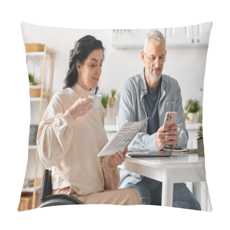 Personality  A Man And Woman Sit At A Table, Attentively Reading Newspaper, Deep In Thought In Their Cozy Kitchen At Home. Pillow Covers