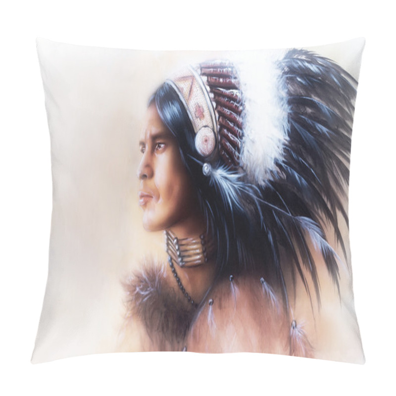 Personality  Beautiful Painting Of A Young Indian Warrior Wearing A Gorgeous Feather Headdress, Profile Portrait Pillow Covers