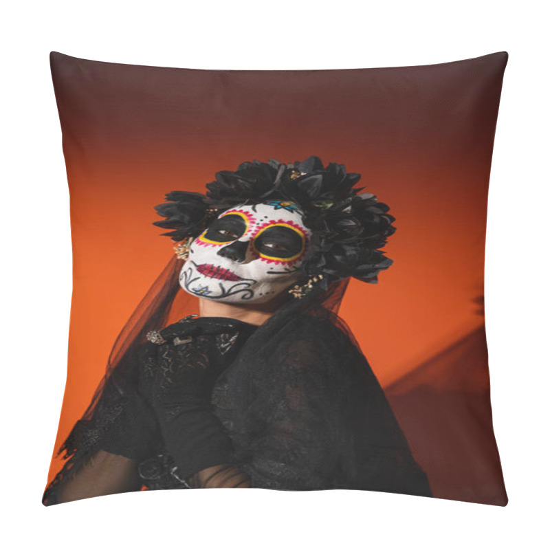 Personality  Woman In Santa Muerte Halloween Costume Looking At Camera On Red Background  Pillow Covers