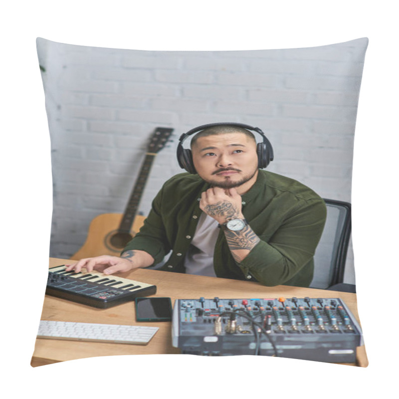 Personality  An Asian Man Wearing Headphones Sits In His Studio, Looking Thoughtful As He Plays A Keyboard. Pillow Covers