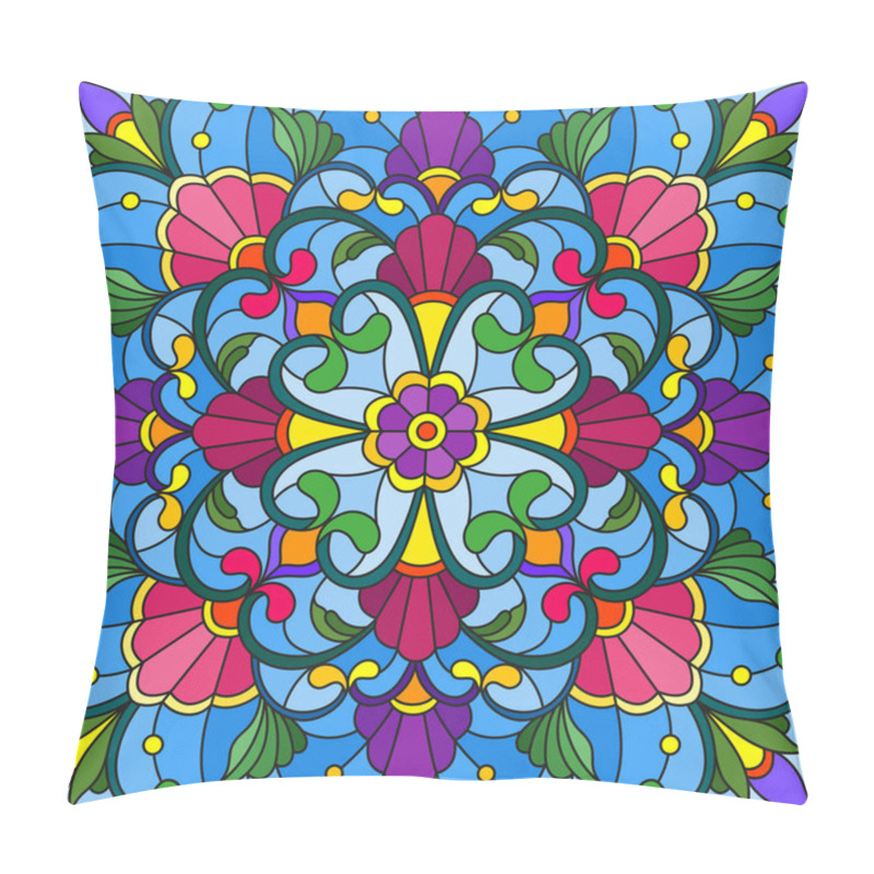 Personality  Illustration In Stained Glass Style With Abstract Floral Ornaments, Flowers, Leaves And Curls On Blue Background, Square Image Pillow Covers