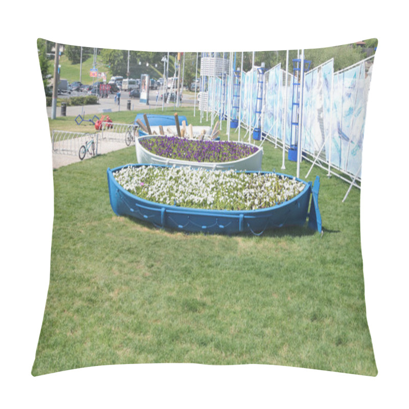 Personality  PERM, RUSSIA - JUN 11, 2013: Flowerbeds Of River Ship At Entranc Pillow Covers