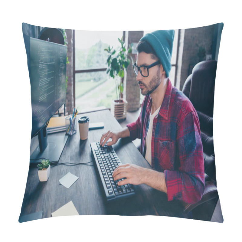 Personality  Photo Of Intelligent Serious Guy Dressed Eyewear Typing Code Modern Device Keyboard Indoors Workstation Workshop Home. Pillow Covers