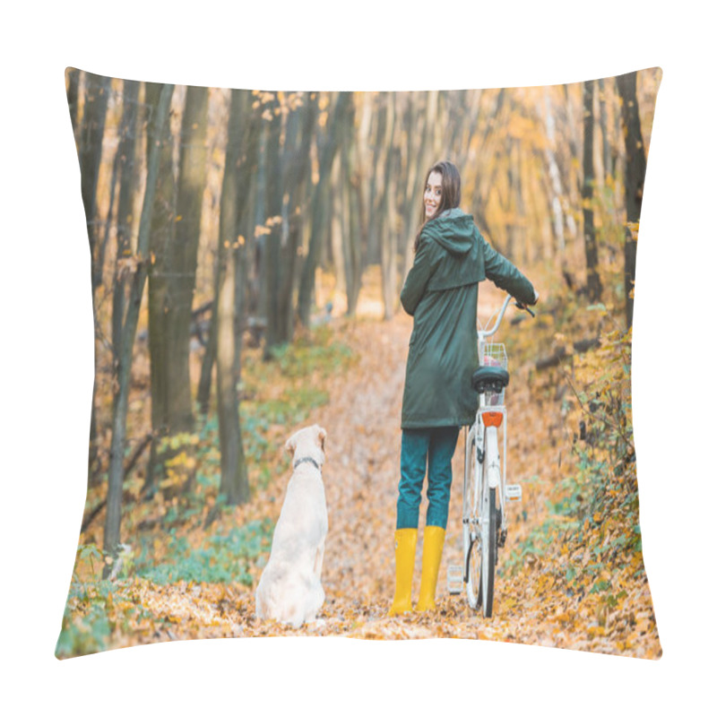 Personality  Smiling Woman With Bicycle And Her Golden Retriever Sitting Near On Yellow Leafy Path In Forest  Pillow Covers