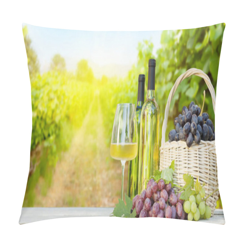 Personality  Colorful Grapes In Basket, White Wine Bottles And Glass In Front Of Landscape Of Vineyard. French Countryside Valley Pillow Covers