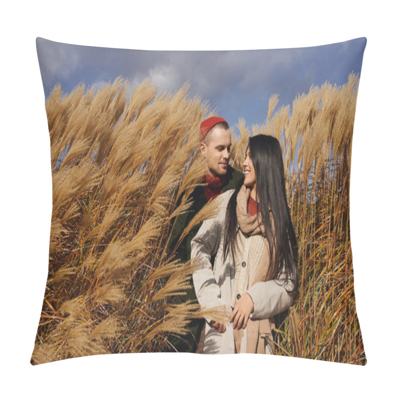 Personality  A Loving Couple Enjoys A Cozy Moment Together, Surrounded By Swaying Autumn Grass. Pillow Covers