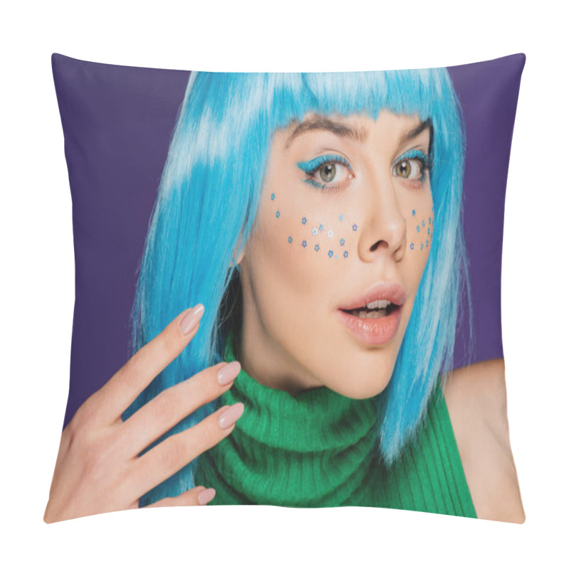 Personality  Fashionable Glamor Woman With Blue Wig, Makeup And Stars On Face, Isolated On Purple Pillow Covers