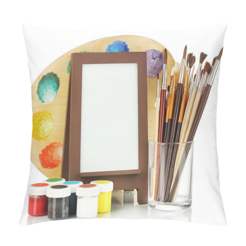 Personality  Photo Frame As Easel With Artist's Tools Isolated On White Pillow Covers