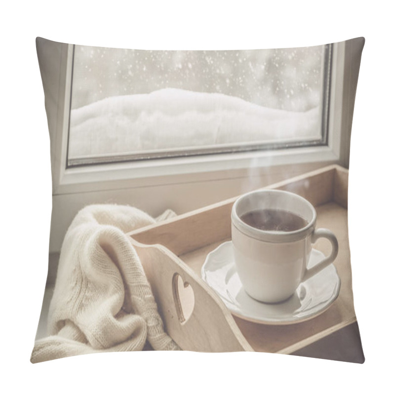 Personality  Tea On Tray And Sweater In From Of Snowing Winter Pillow Covers