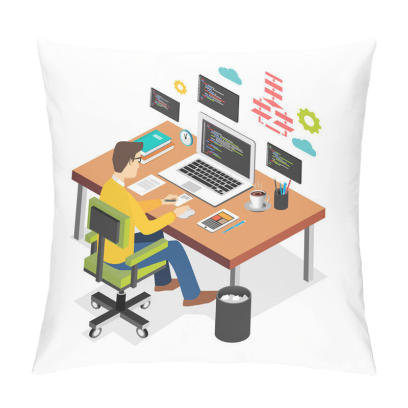 Personality  Professional Programmer Working Writing Code On Laptop Computer At Desk. Programmer Developer Workplace. Flat 3d Isometric Technology Concept. Pillow Covers