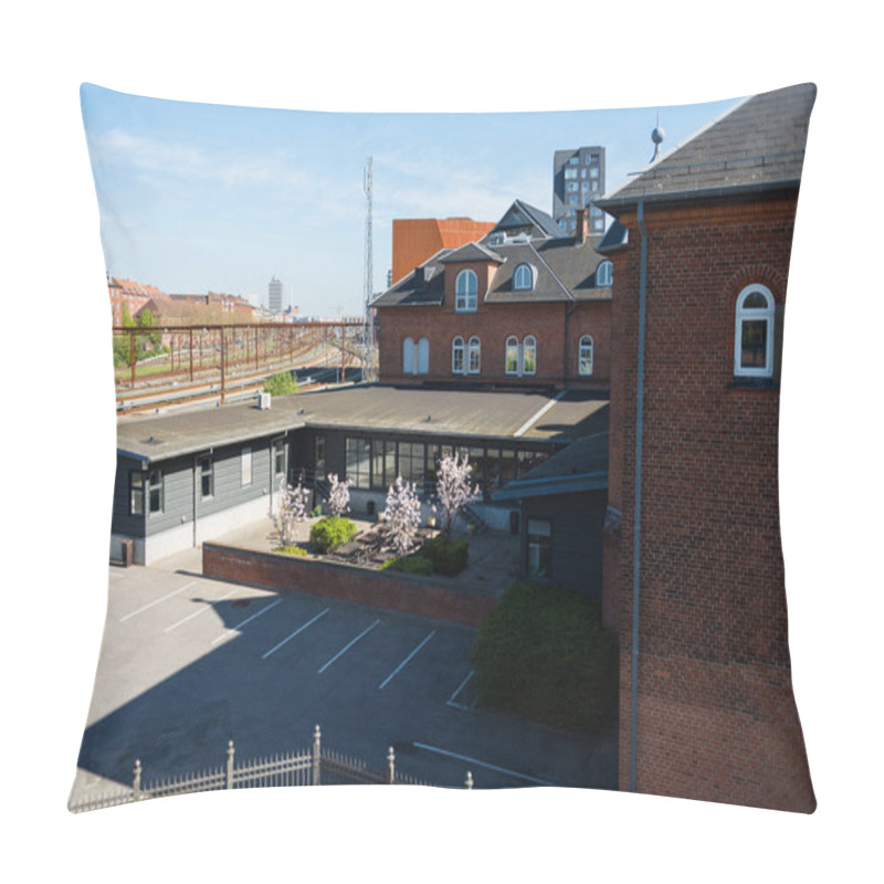 Personality  Modern Architecture And Yard With Parking, Benches And Blossoming Trees, Copenhagen, Denmark  Pillow Covers