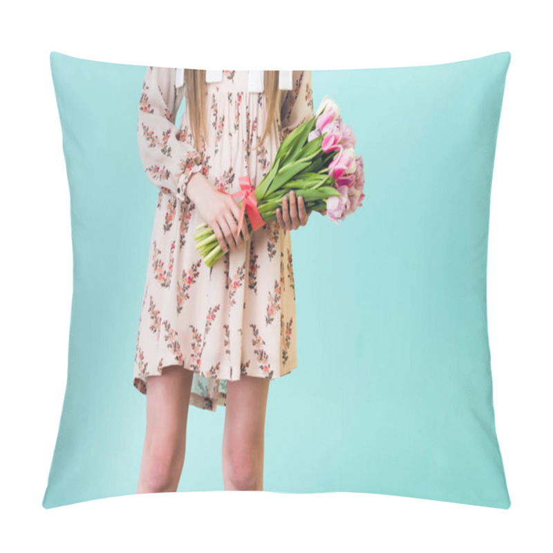 Personality  Cropped View Of Girl In Summer Dress Holding Bouquet Of Flowers, Isolated On Blue Pillow Covers