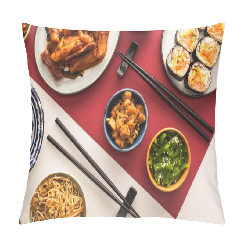 Personality  Top View Of Chopsticks Near Topokki And Traditional Korean Side Dishes On White And Crimson  Pillow Covers