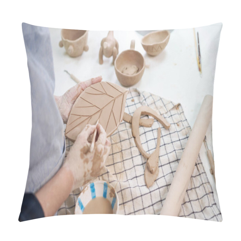 Personality  Woman Forming Leaf Shaped Clay By Hands, Closeup In Artistic Studio. Pillow Covers