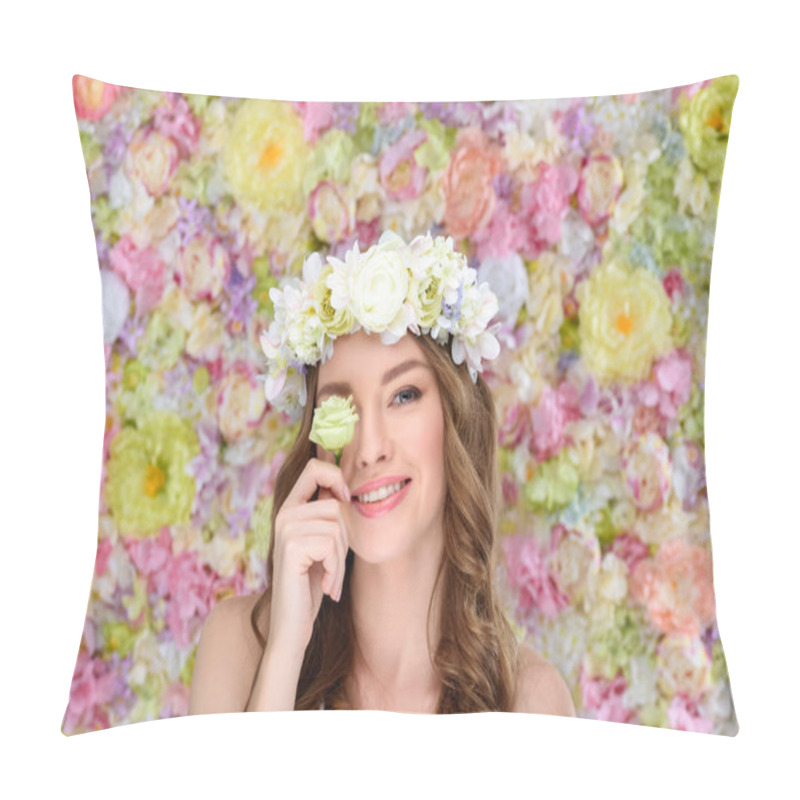 Personality  Happy Young Woman In Floral Wreath Covering One Eye With Blossoming Rose Bud Pillow Covers