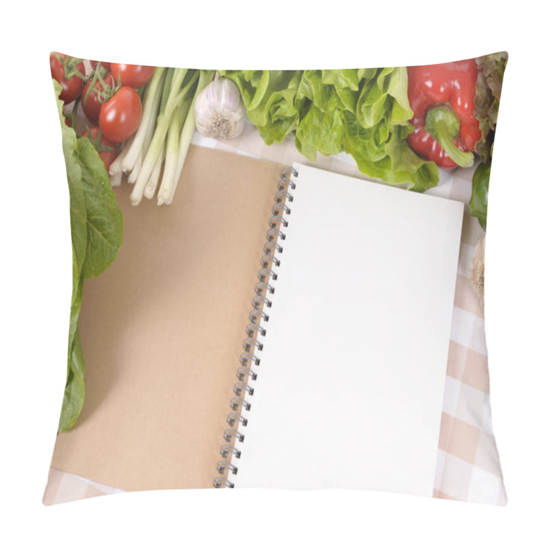 Personality  Selection Of Salad Vegetables With Blank Recipe Book Or Notebook On A Check Tablecloth. Pillow Covers