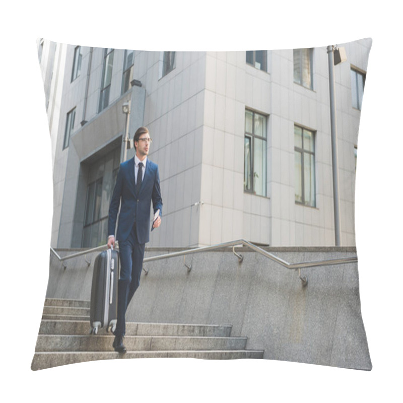 Personality  Businessman In Stylish Suit With Luggage And Flight Tickets Going Down Stairs In Business District Pillow Covers