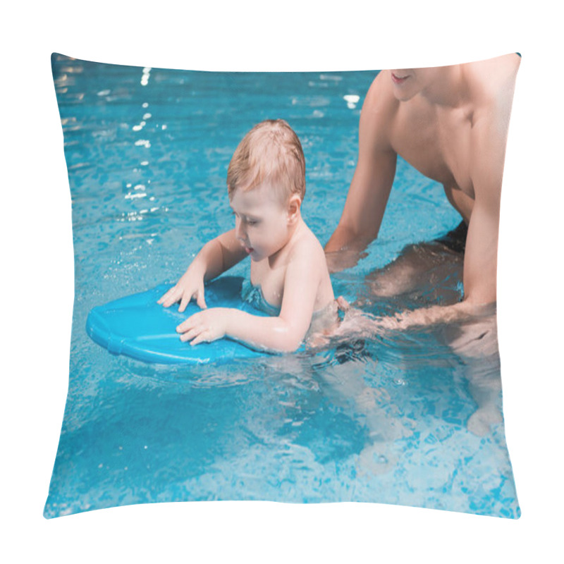 Personality  Toddler Boy Swimming With Flutter Board Near Muscular Swim Coach  Pillow Covers