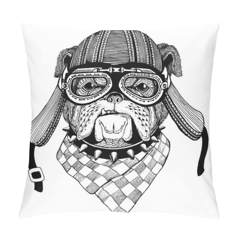 Personality  Bulldog Dog Hand Drawn Image Of Animal Wearing Motorcycle Helmet For T-shirt, Tattoo, Emblem, Badge, Logo, Patch Pillow Covers