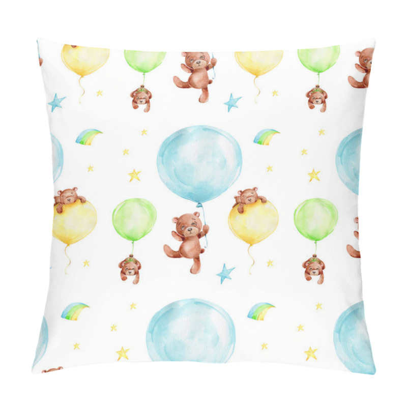 Personality  Seamless Pattern With Cartoon Teddy Bear With Blue, Green And Yellow Balloons, Cloud And Stars; Watercolor Hand Draw Illustration; With White Isolated Background  Pillow Covers