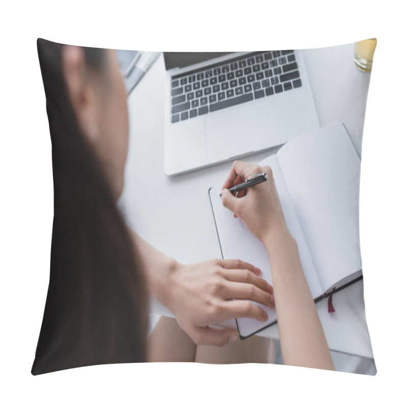 Personality  Partial View Of Blurred Woman Writing In Notebook Near Laptop On Desk Pillow Covers