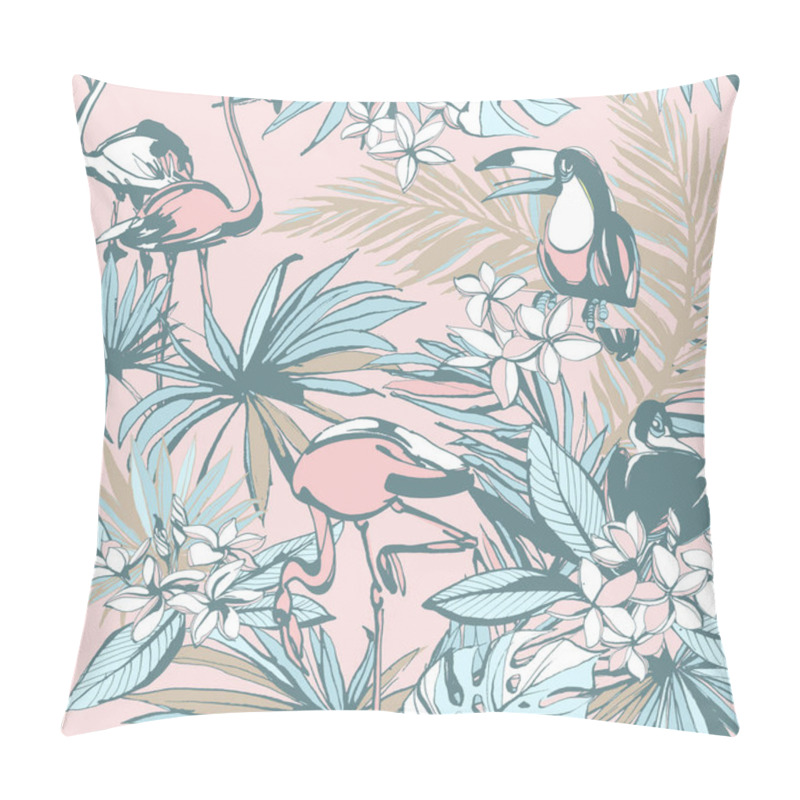 Personality  Hand Drawn Tropical Seamless Pattern Ink Palm Leaves Toucan Flamingo. Pillow Covers