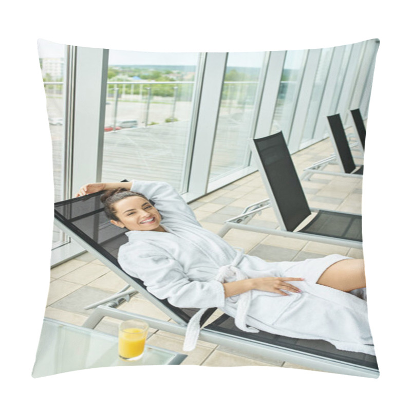 Personality  A Young, Beautiful Brunette Woman Reclining On A Lounge Chair In A Tranquil Indoor Spa Setting Near A Swimming Pool. Pillow Covers