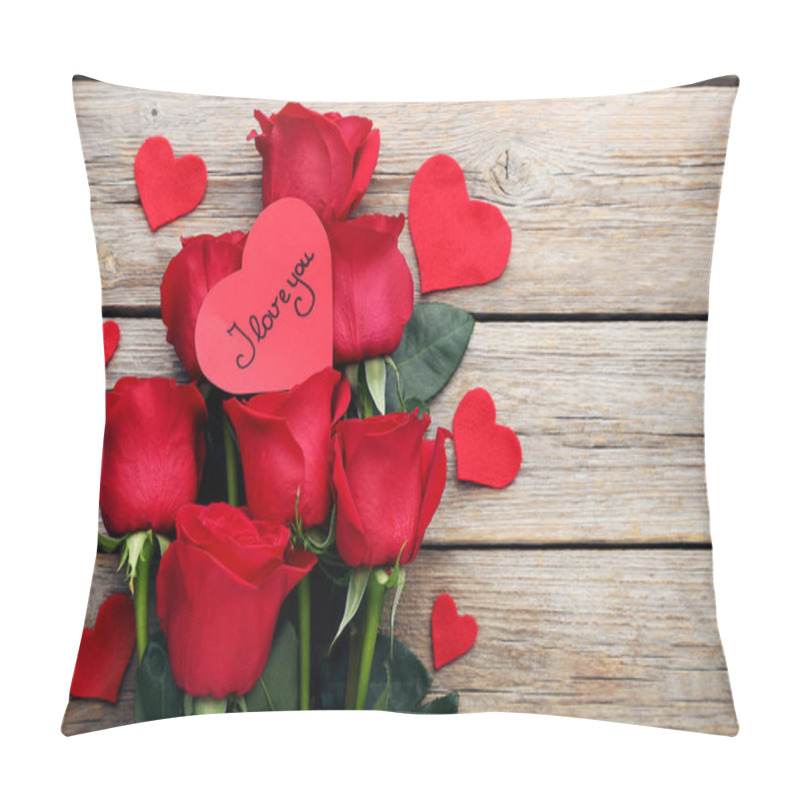 Personality  Bouquet Of Red Roses With Inscription I Love You On Grey Wooden Table Pillow Covers