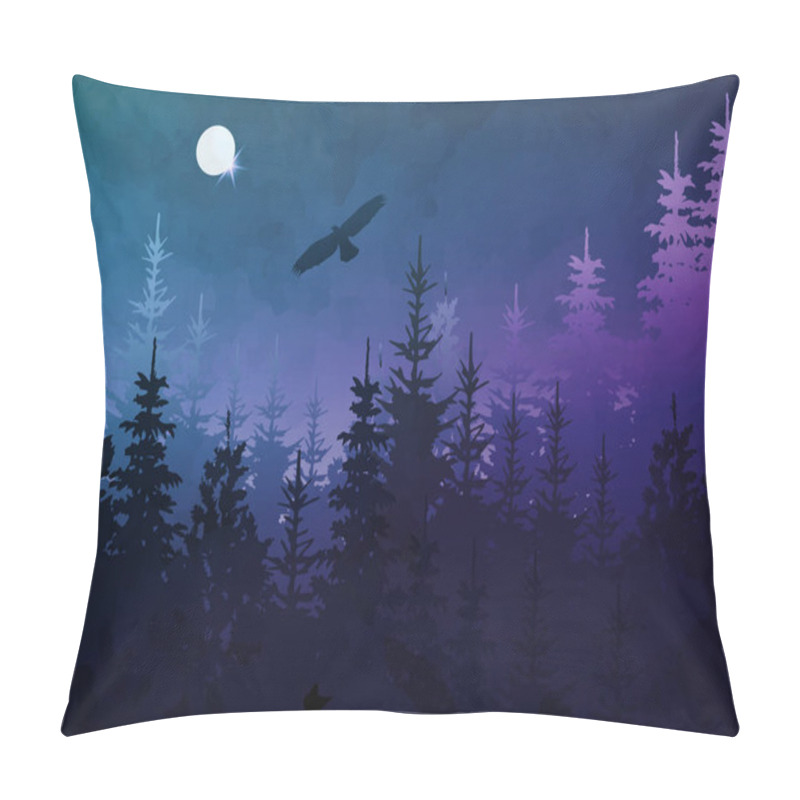 Personality  Winter Forest With Bald Eagle In Flight, Blue Background, Vector Mountain Landscape. Christmas Tree Firs With Full Moon And Dark Blue Night Sky.  Watercolor Painting Style. Vector Illustration  Pillow Covers