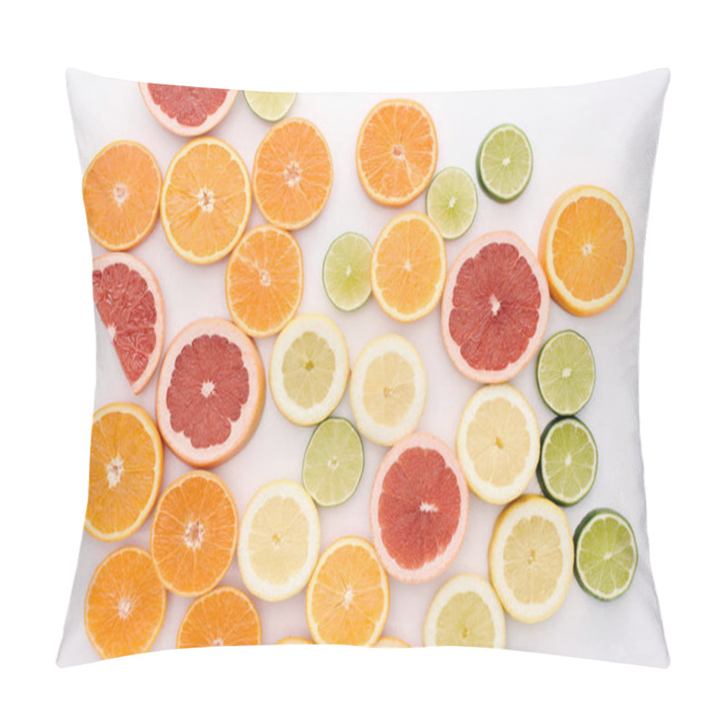 Personality  Top View Of Various Citrus Fruits Slices Spilled On White Surface Pillow Covers