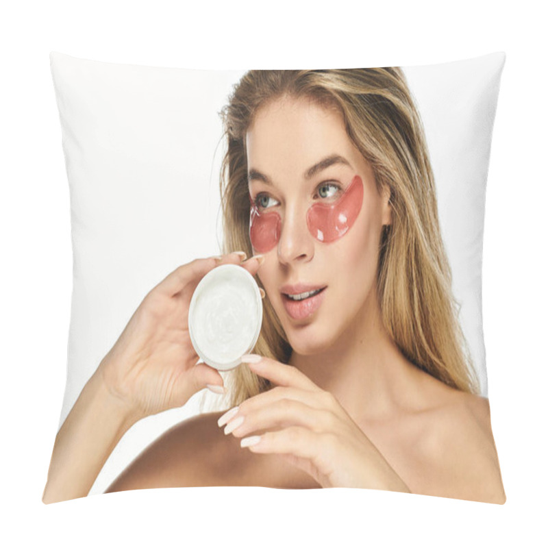 Personality  A Young Beautiful Woman Engages In Her Skincare Routine, Enhancing Her Natural Glow With Patches. Pillow Covers