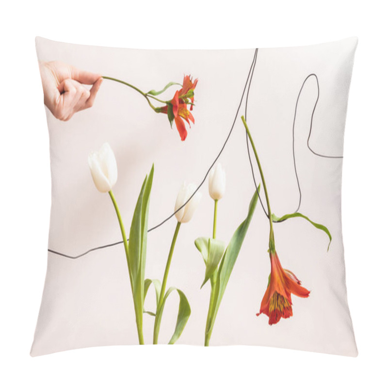 Personality  Floral Composition With White Tulips And Red Alstroemeria On Wires Isolated On Beige Pillow Covers