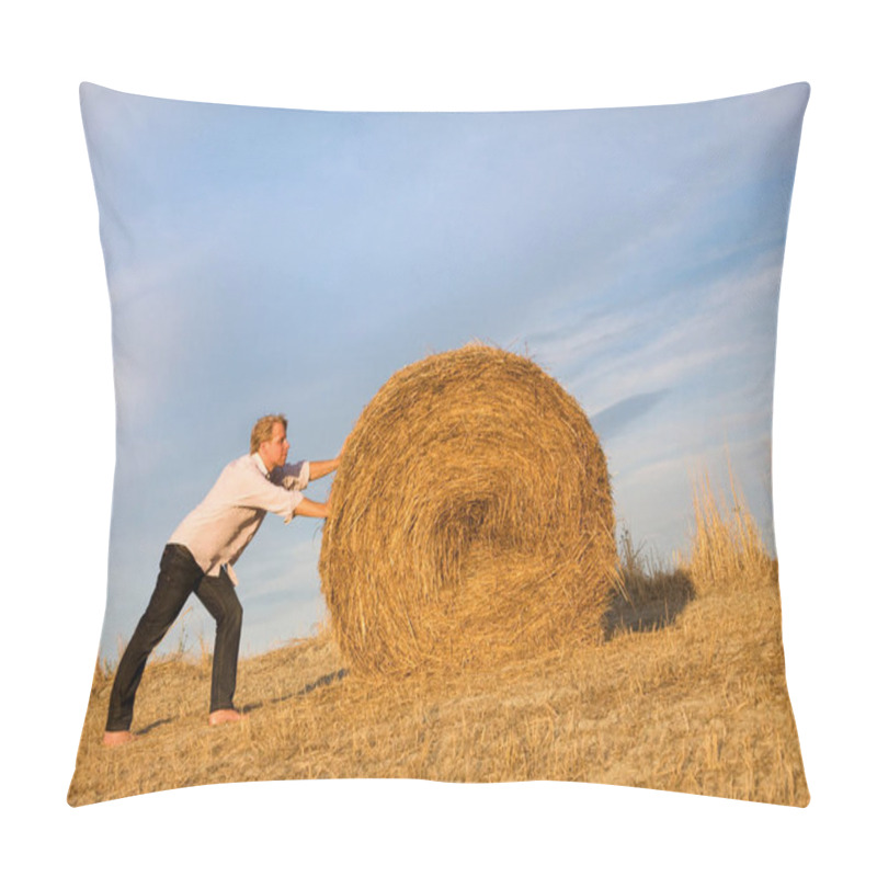 Personality  Man Pushing Hay Bale Under Blue Sky Pillow Covers