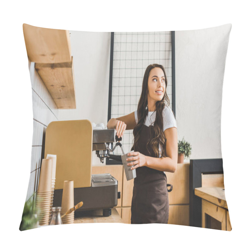 Personality  Attractive Brunette Barista Holding Cup And Making Coffee With Machine In Coffee House Pillow Covers