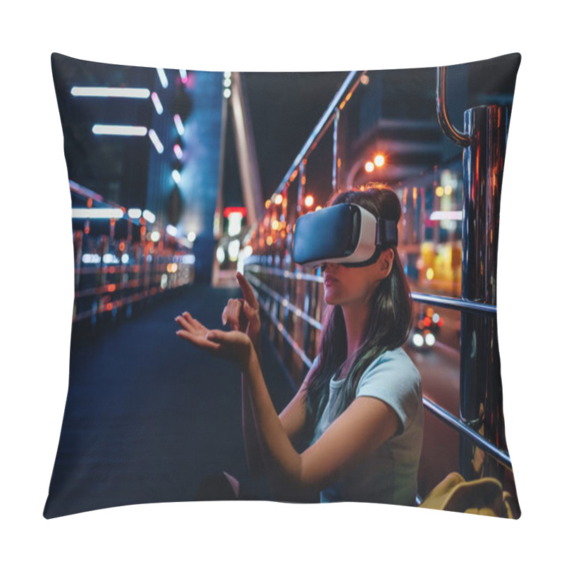 Personality  Young Woman In Virtual Reality Headset Sitting On Street With Night City On Background Pillow Covers