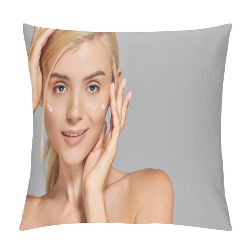 Personality  Portrait Charming Blonde Girl With Her Hands Around Head And Cream On Cheeks Against Grey Background Pillow Covers