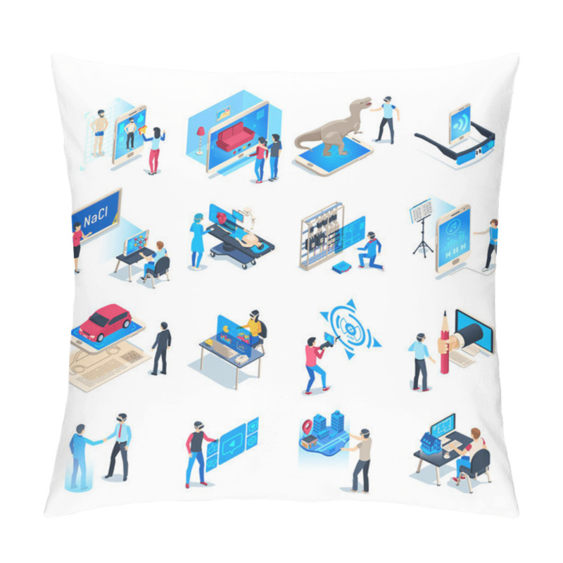 Personality  Isometric Virtual Reality Simulations Icons. Computer Simulation Helmet, Augmented Reality Game Vector Illustration Set Pillow Covers