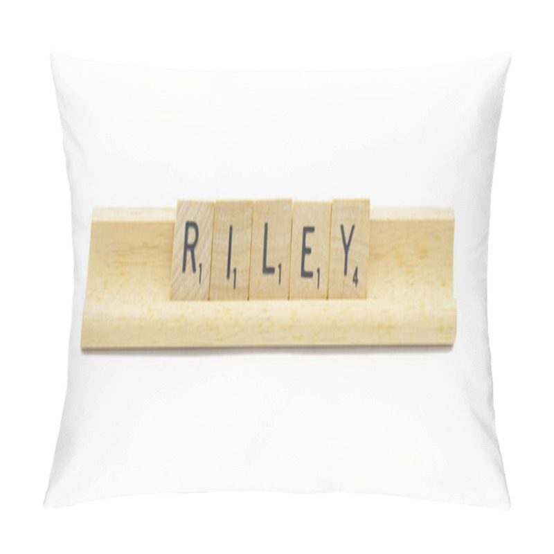 Personality  Miami, FL 4-18-24 Popular Baby Girl First Name Of RILEY Made With Square Wooden Tile English Alphabet Letters With Natural Color And Grain On A Wood Rack Holder Isolated On White Background Pillow Covers