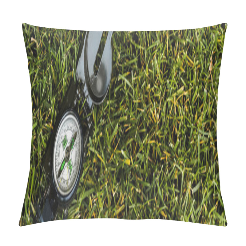 Personality  Panoramic Shot Of Retro Compass On Green Grass  Pillow Covers