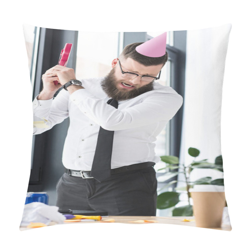 Personality  Businessman With Party Cone On Head Crashing Toy Guitar In Office Pillow Covers