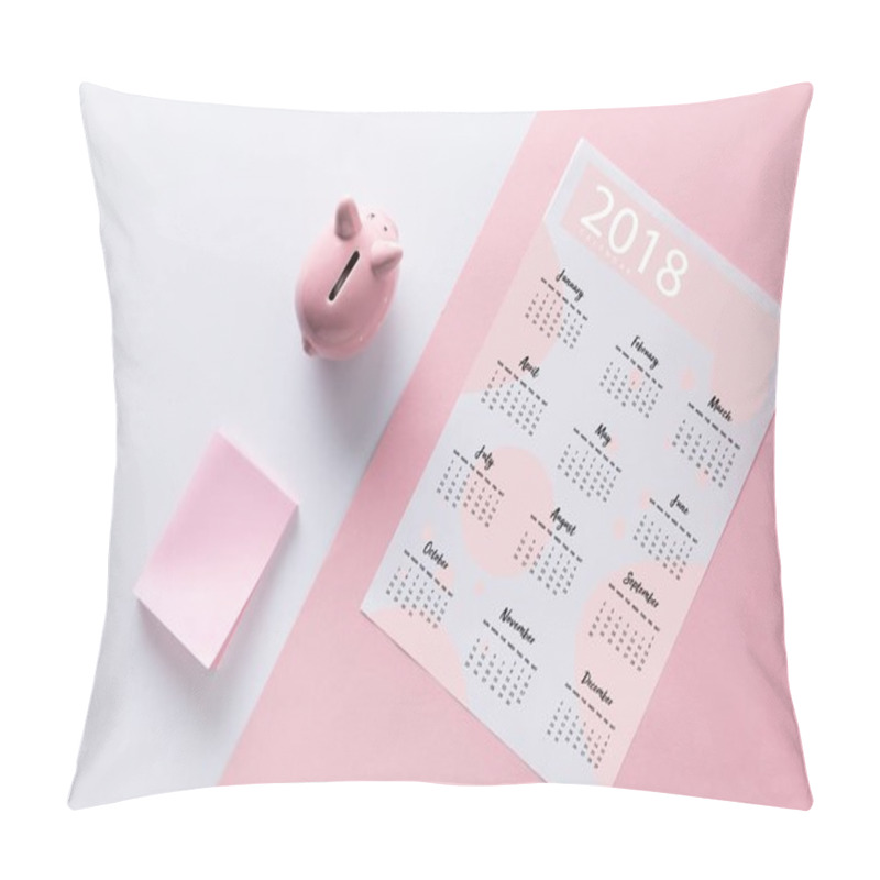 Personality  Top View Of Arranged Piggy Bank, Empty Notes And 2018 Calendar  Pillow Covers