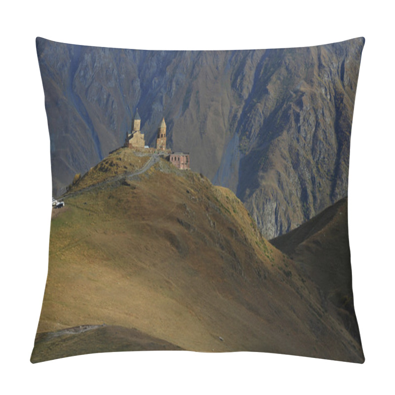 Personality  Gergeti Trinity Church Against Mountain Background Pillow Covers