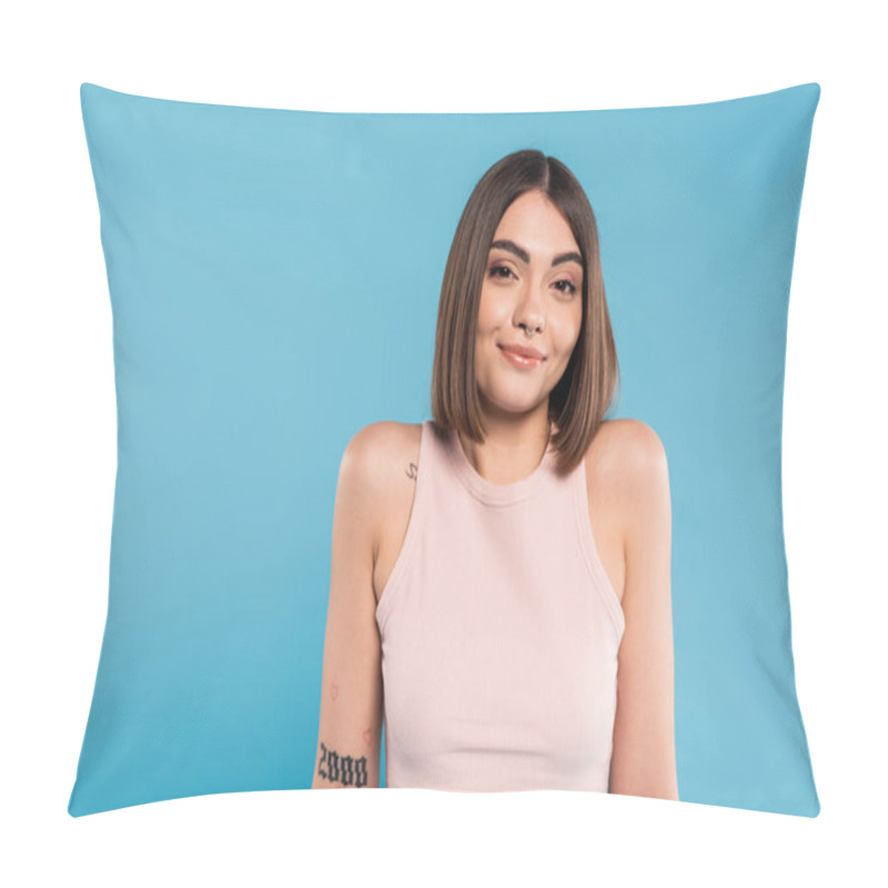 Personality  Not Knowing, Smiling Young Woman With Tattoos And Nose Piercing Standing In Tank Top On Blue Background, Looking At Camera, Confused, Pretty Face, Generation Z, Summer Outfit  Pillow Covers