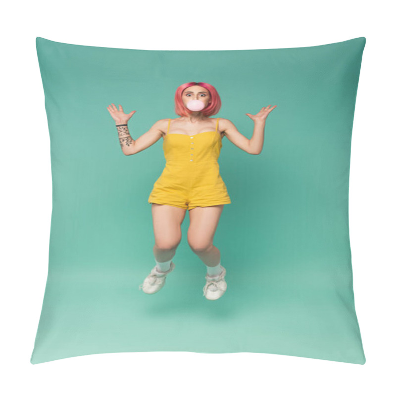 Personality  Full Length Of Shocked Young Woman With Pink Dyed Hair Blowing Bubble Gum On Blue  Pillow Covers