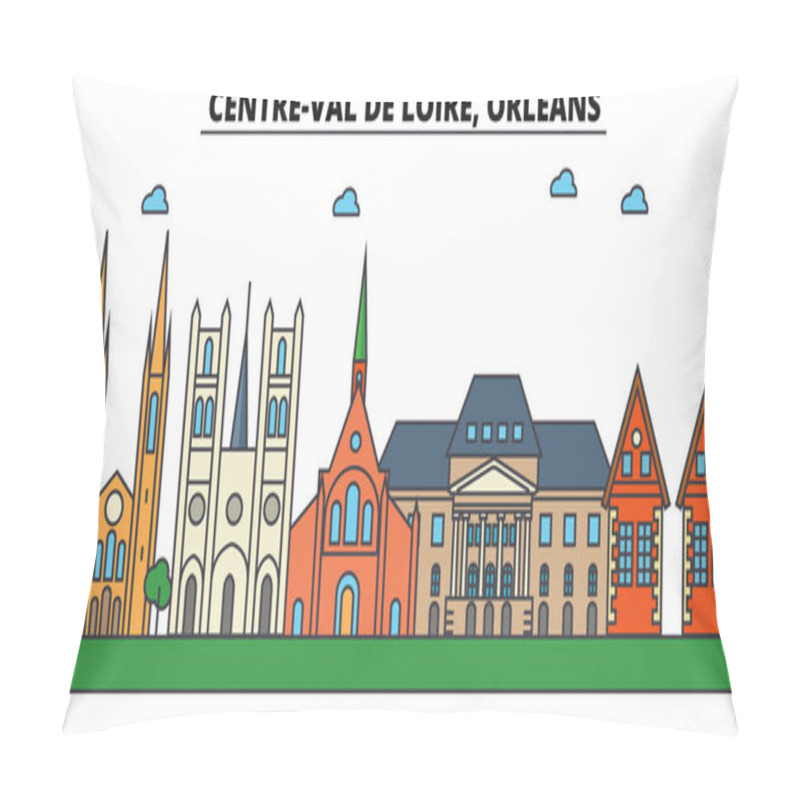 Personality  France, Orleans, Centre Val De Loire . City Skyline: Architecture, Buildings, Streets, Silhouette, Landscape, Panorama, Landmarks, Icons. Editable Strokes . Flat Design Line Vector Illustration Pillow Covers